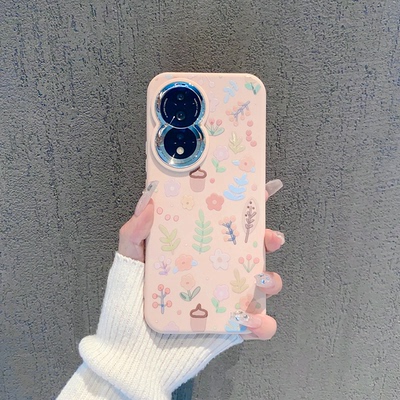 ins风粉色小清新春日花草适用荣耀80/90pro手机壳高级感时尚简约荣耀100/70/60pro硅胶手机套防摔保护套女