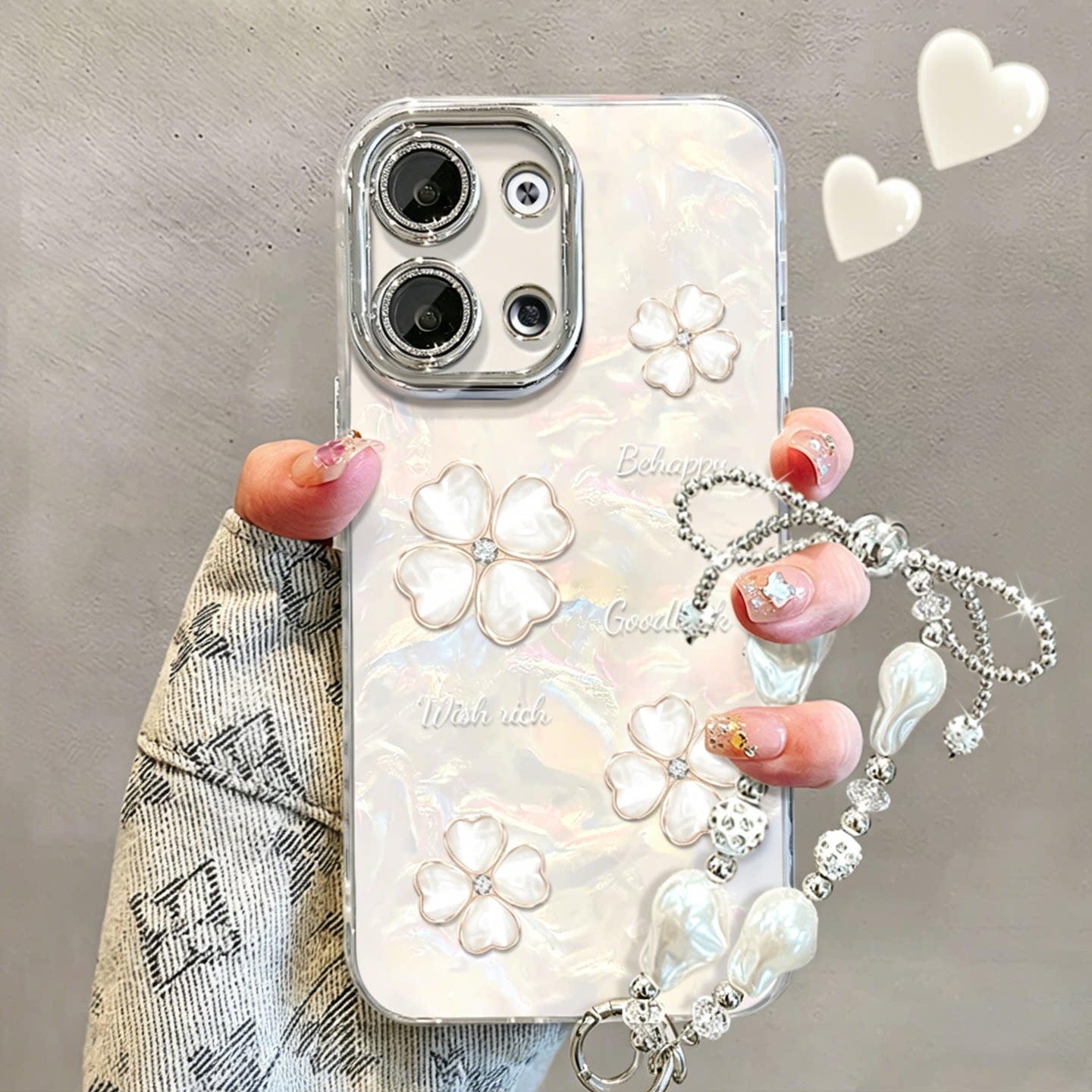 贝壳纹温柔四叶草适用opporeno9/8pro手机壳新款高级感reno13/12网红爆款手机壳reno14/15防摔外壳保护套女