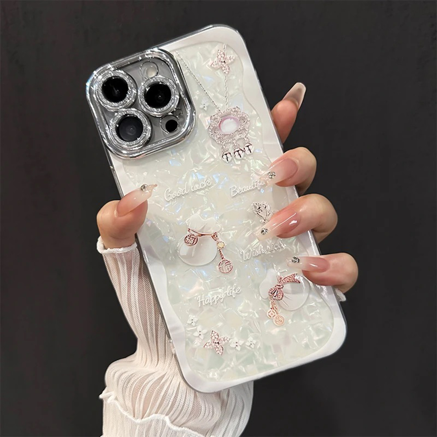 贝壳纹水晶福袋适用苹果16promax手机壳新品高级感iPhone17pro网红爆款手机壳15/14/13/12防摔外壳保护套女生