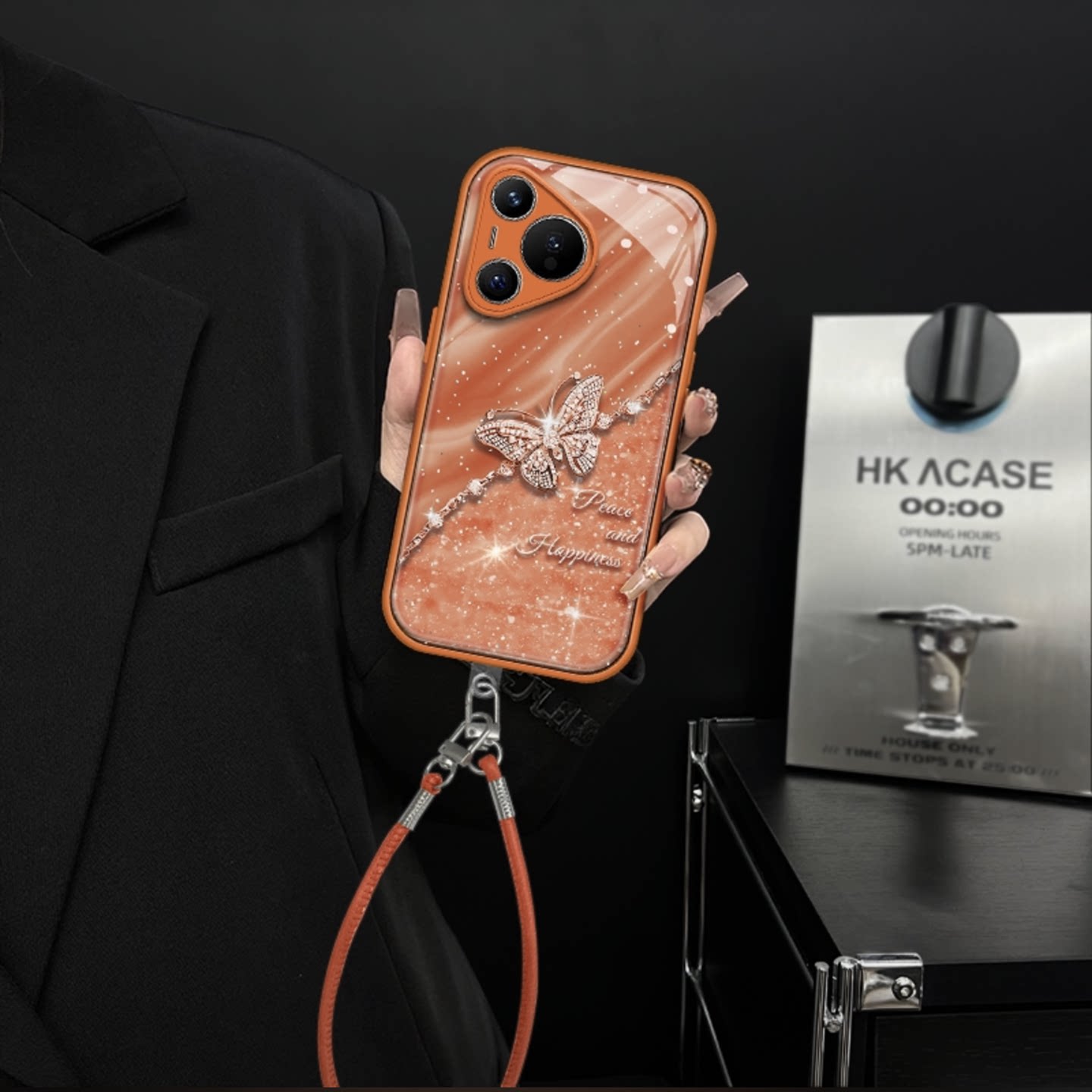 ins风星宇橙色水晶蝴蝶适用华为pura70pro手机壳新款高级感pura80pro网红爆款手机壳p60/p50防摔外壳保护套女