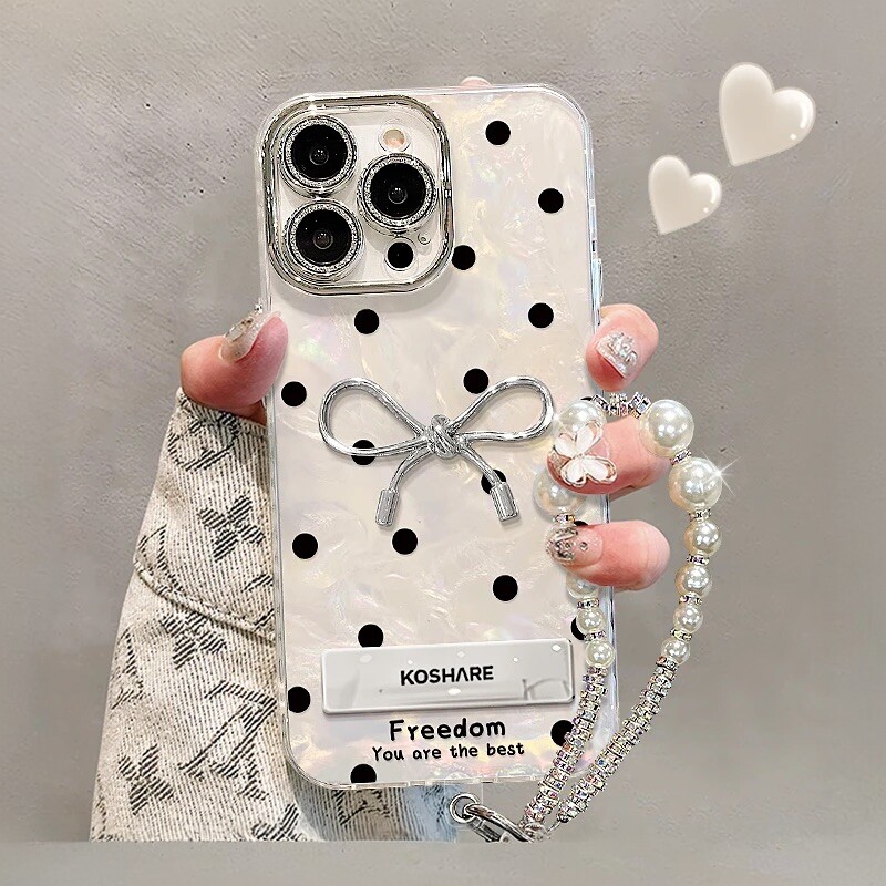 ins风波点蝴蝶结适用苹果16promax手机壳新款贝壳纹高级感iPhone15/14网红爆款手机壳13/12防摔外壳保护套女