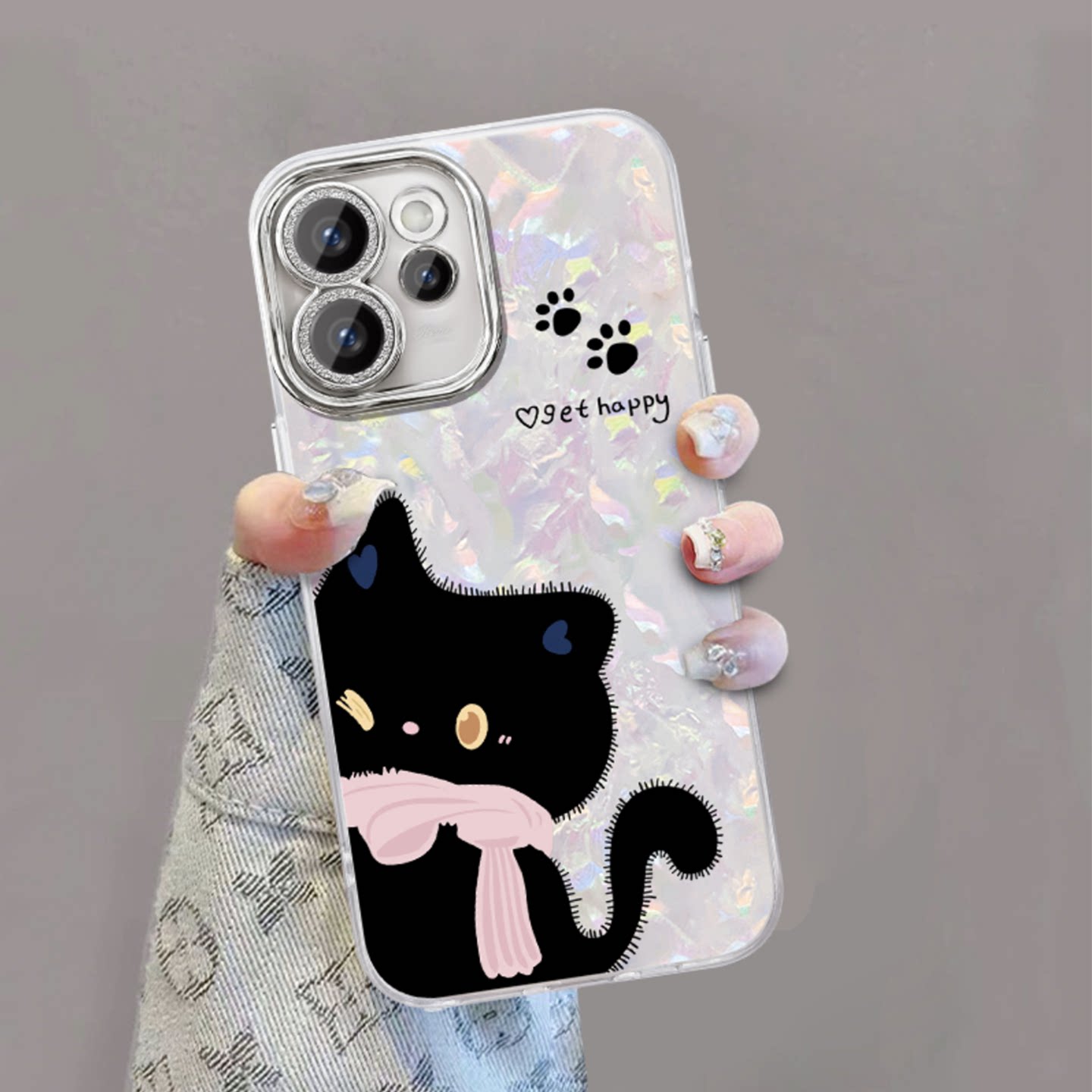 小清新黑色小猫适用opporeno15/16手机壳新品高级感reno14/13网红爆款贝壳纹手机壳reno12/11防摔保护套女生
