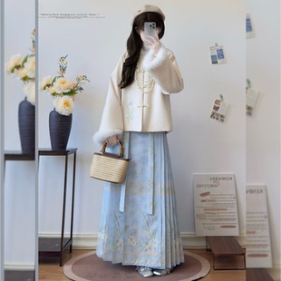 栀言记原创汉服【望窗兰】日常保暖昭君袄圆领加绒厚毛呢新中式