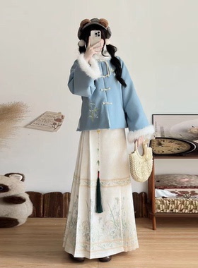 栀言记原创【望窗兰】汉服冬季保暖套装日常通勤新中式国风拜年服