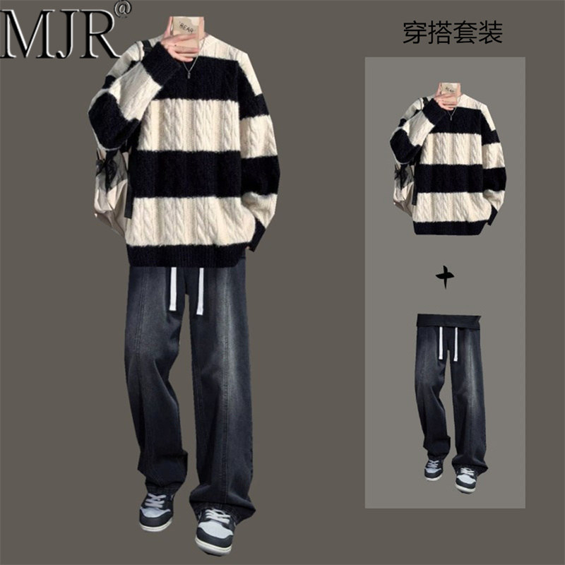 高级感男士针织毛衣套装2025年冬季男装痞帅牛仔裤时尚穿搭两件套