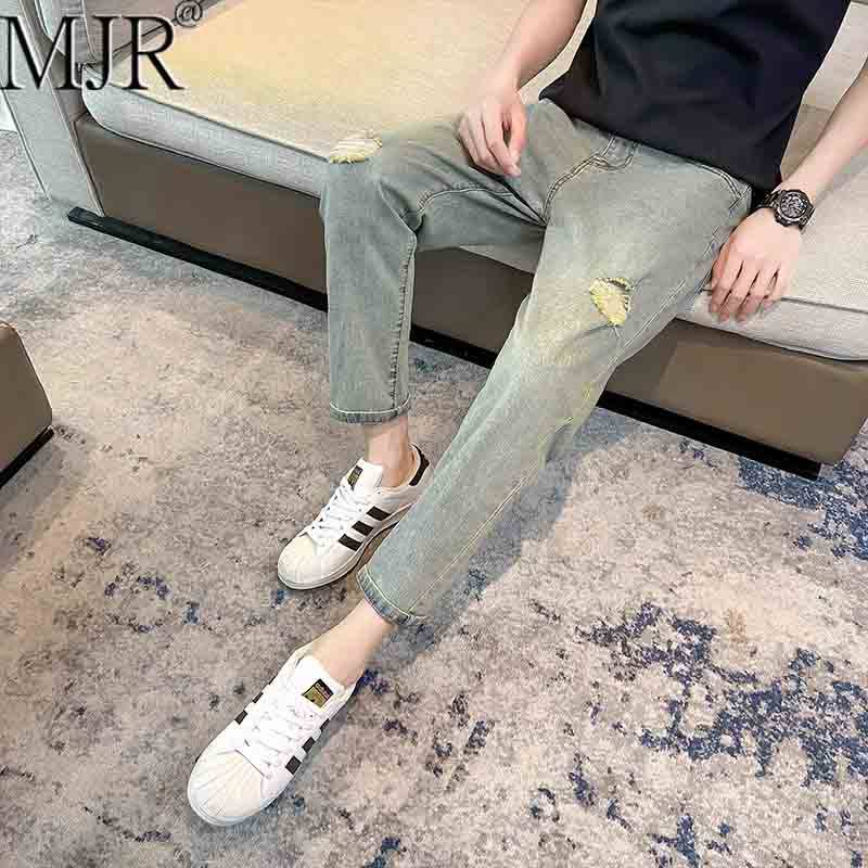 蓝色复古破洞牛仔裤男士夏季薄款修身烟管裤男休闲时尚百搭直筒裤