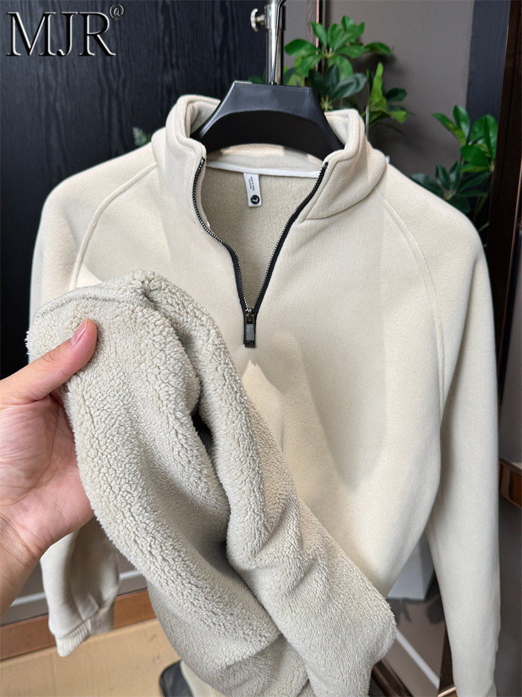 潮牌男士加绒卫衣2025年冬季新款高级感半拉炼加厚防寒保暖上衣男