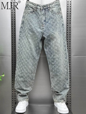 高端提花牛仔裤男士春秋冬季新款潮牌设计感男裤子宽松直筒弯刀裤