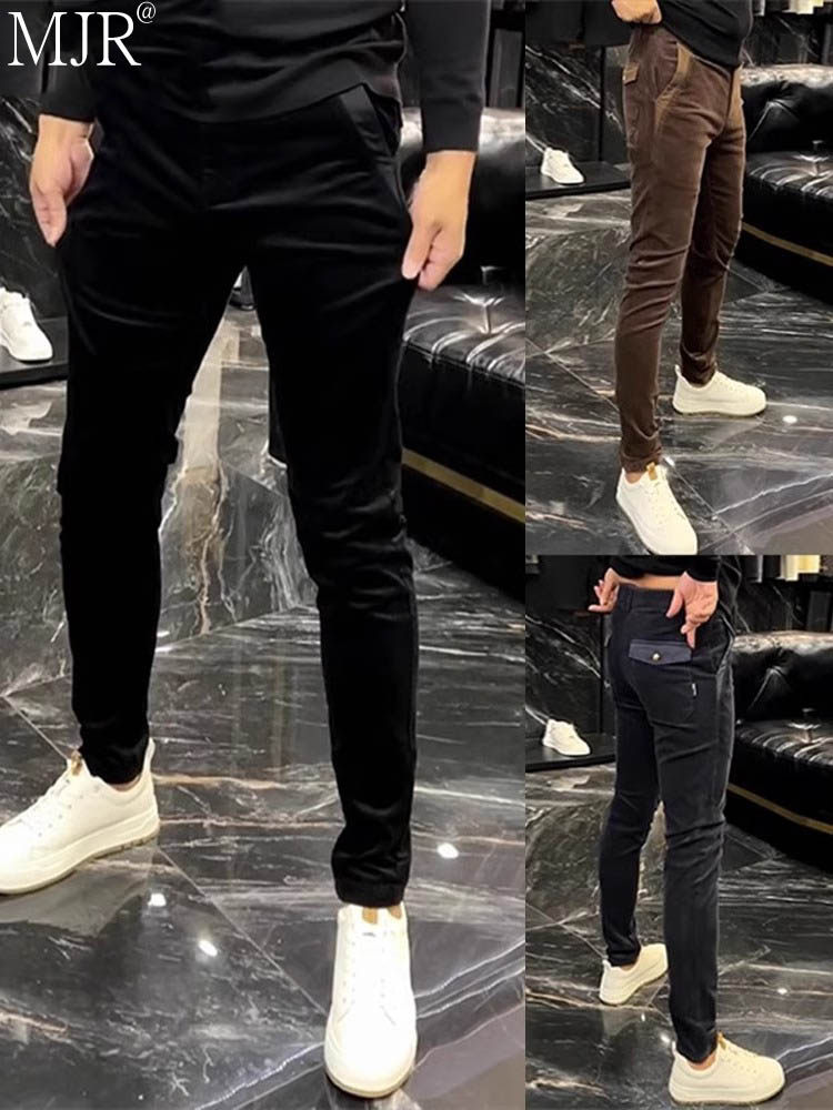 高端男士条绒卫裤秋冬款加绒加厚休闲裤弹力修身男裤子商务小脚裤