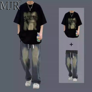 潮牌休闲 套装男生春天穿搭一整套短袖T恤男时尚牛仔裤两件套男款