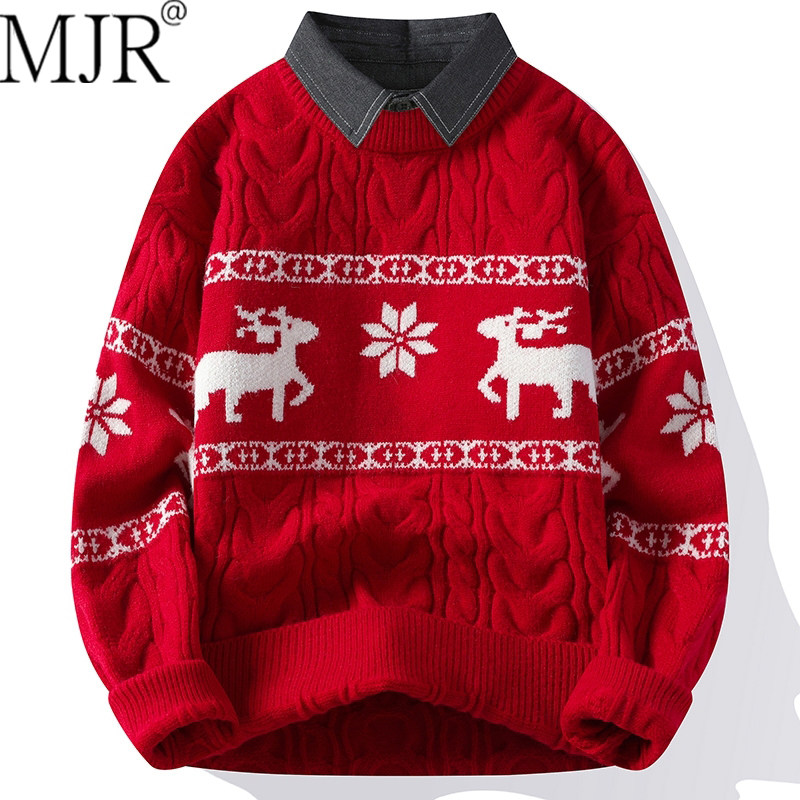 红色毛衣男圣诞节氛围感衣服2026年冬季新款男装衬衫领针织衫上衣