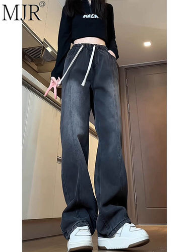 时尚品牌男士直筒牛仔裤2025春季新美国覆古阔腿裤女士拉绳弹力腰