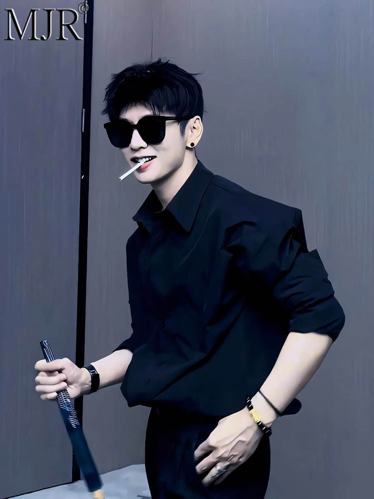 潮牌那不勒斯黑色衬衣时尚西装外套男士衬衫长袖2025年新款春秋冬