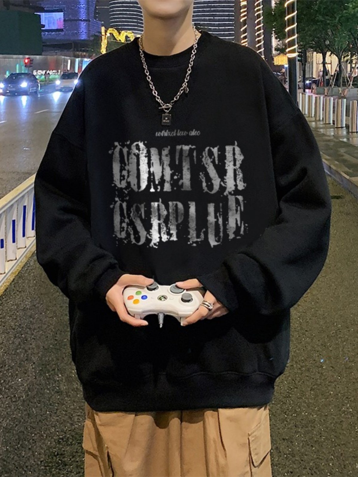 潮牌美式覆古重磅卫衣休闲高街男潮秋季宽松大码无帽圆领加绒衣服