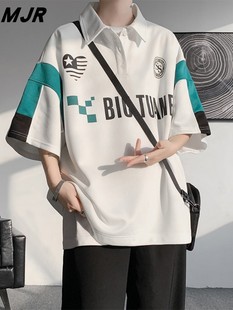 带领t恤设计感休闲宽松半袖 撞色七分袖 男夏季 polo衫 港风日系短袖