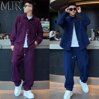 休闲运动套装男春季新款潮牌痞帅时尚翻领衬衫休闲裤男装搭配一套