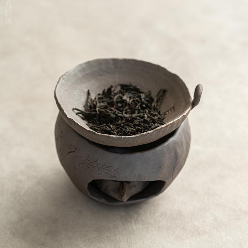 日式陶瓷烘茶器 粗陶蜡烛烤茶炉烤茶勺加热茶叶提香碗
