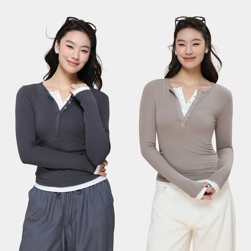 ROSEPLUS假两件拼接长袖T恤女2025春秋新款大码胖mm遮肚打底上衣 - 封面