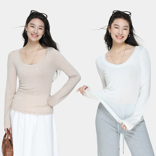 ROSEPLUS 长袖U领t恤女秋冬大码微胖mm遮肉显瘦打底衫内搭上衣