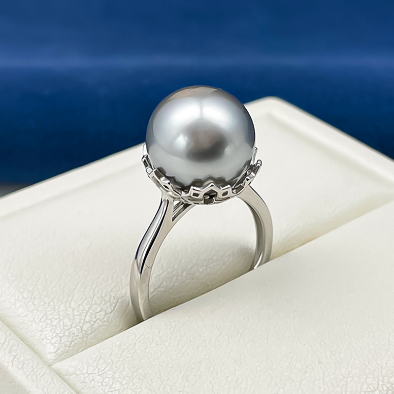 12-14mm925银大溪地铂金灰海水珍珠戒指开口戒圈精致时尚送女友