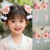 汉服绒花桃子发夹头饰少女可爱超仙桃气毛绒对夹古风明制边夹配饰