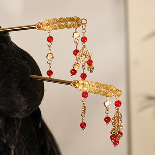 见习小财神铜钱发簪古风新年簪子复古发饰过年喜庆红色配饰头饰