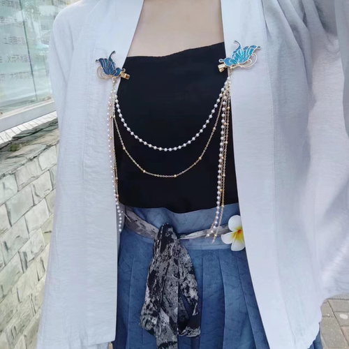 汉服防风夹古风流苏防风链珍珠后压发饰蝴蝶发夹压襟挂件古风配饰