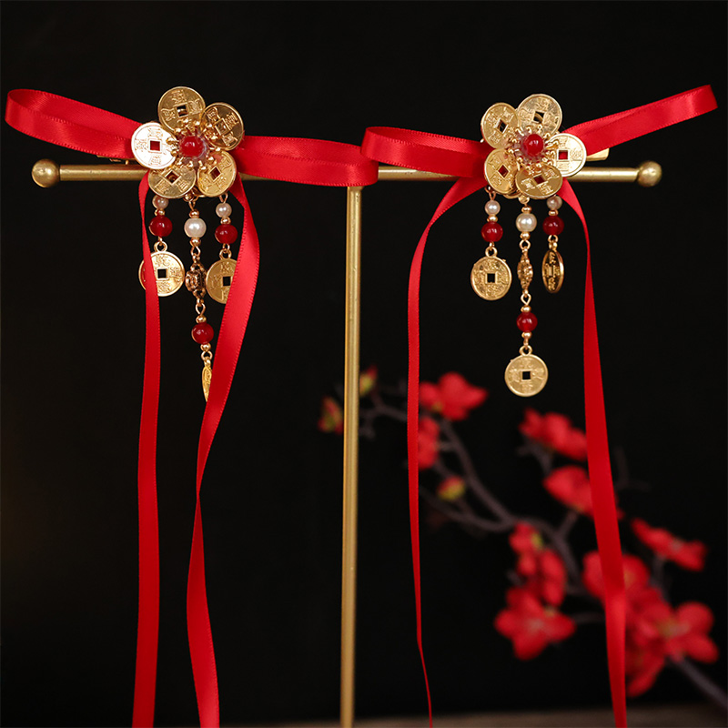 小财神铜钱发夹红色蝴蝶结长飘带对夹国风招财进宝新中式对夹头饰