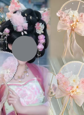 古风绢花刺绣团扇丝带圆扇子古典舞蹈cos拍照道具汉服配饰手持扇