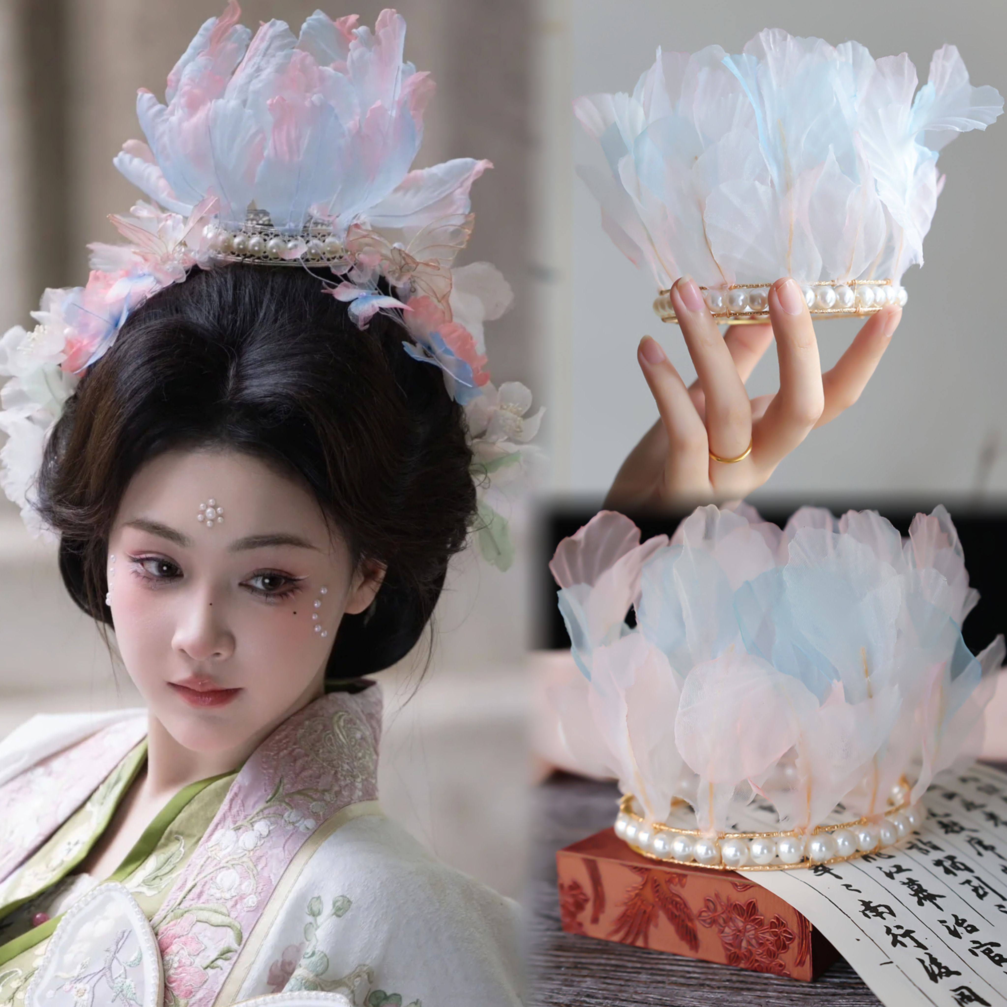 国风宋制莲花冠珍珠围髻超仙羽毛发冠古风烫花头饰汉服唐风配饰品