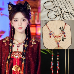 子夜归武帧猫公同款项链头饰璎珞珍珠棒耳饰全套发饰古风红色配饰