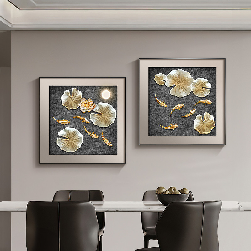 轻奢九鱼图餐厅装饰画荷花饭厅双联壁画抽象立体感客厅二两联挂画图片