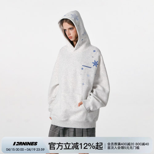 FORNINES雪花刺绣重磅连帽卫衣男国潮情侣上衣春秋加绒加厚外套女