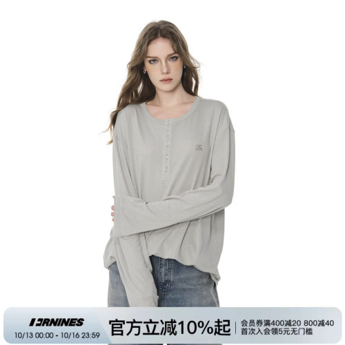 FORNINES莱赛尔混纺长袖t恤男生设计感亨利领薄款刺绣薄款罩衫女