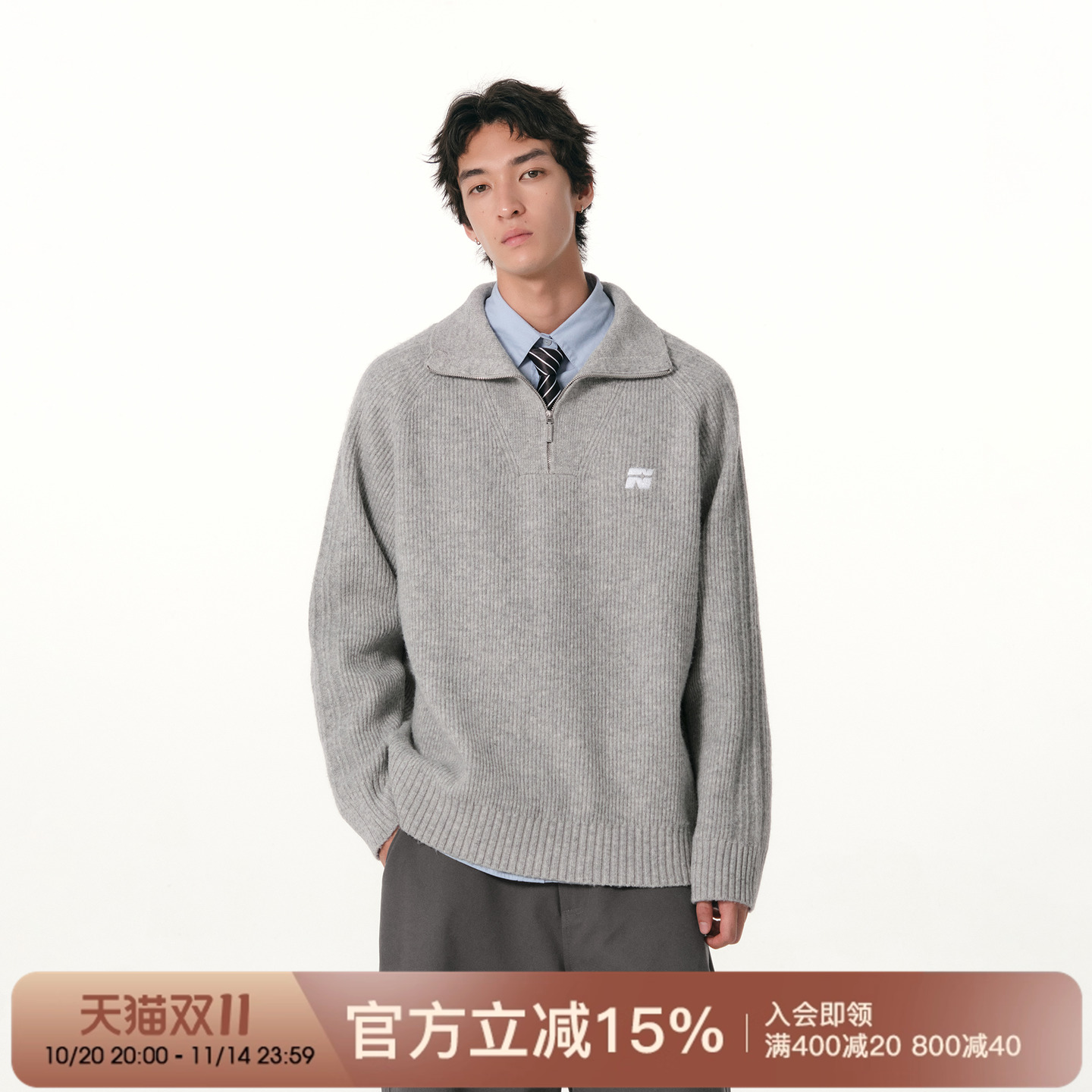 FORNINES刺绣翻领针织衫男款2025秋季半高领拉链毛衣外套女情侣装