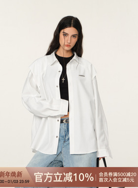 FORNINES春秋季宽松解构纯色衬衣假两件设计感白色长袖衬衫男女潮