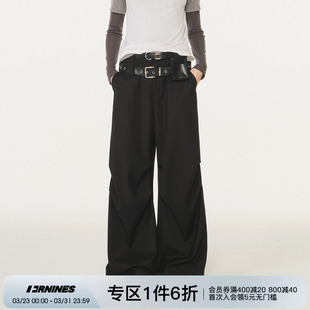 男女潮牌灰色阔腿西裤 FORNINES美式 高街双腰头褶皱垂感直筒休闲裤