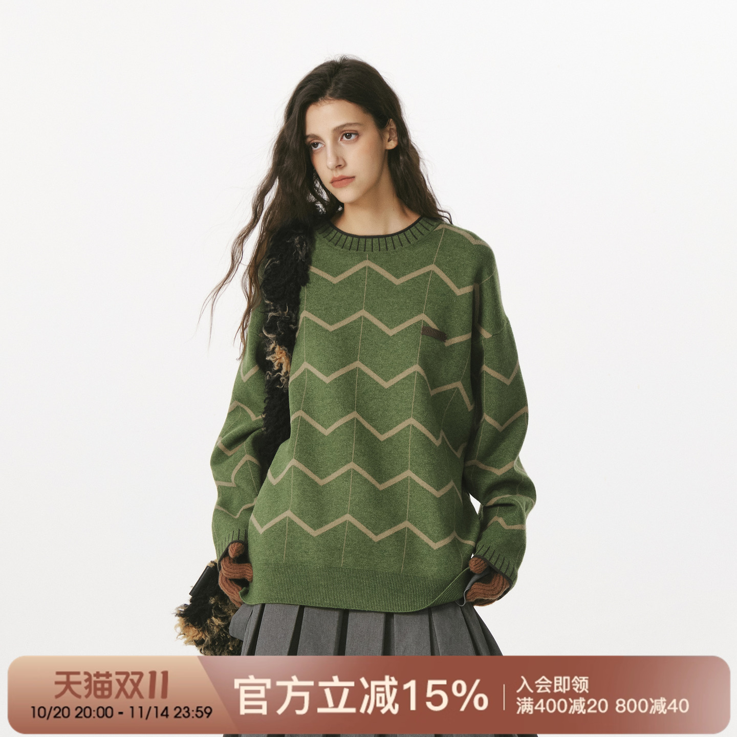 FORNINES秋冬撞色波浪条纹针织衫男女复古慵懒风上衣情侣圆领毛衣