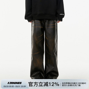 高街复古直筒休闲长裤 FORNINES立体钢印擦色阔腿皮裤 男女潮牌美式