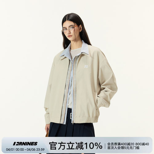 FORNINES拼接翻领假两件夹克外套男女秋季微短款情侣刺绣开衫上衣