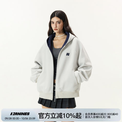 FORNINES双拉链撞色刺绣开衫卫衣男生春秋重磅运动白色连帽外套女