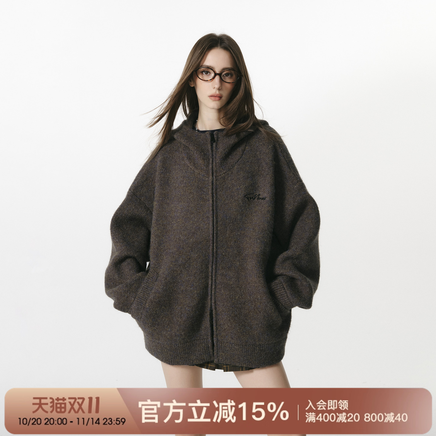 FORNINES复古拉链开衫毛衣男生秋冬款连帽加厚学院风针织衫外套女