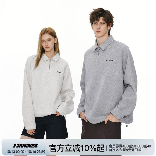 FORNINES重磅刺绣灰色翻领卫衣男女情侣半拉链POLO衫春秋休闲上衣
