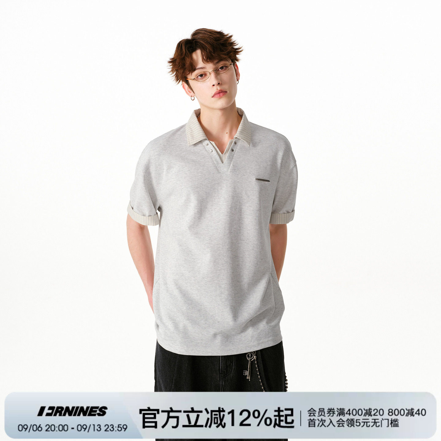 FORNINES灰色假两件短袖T恤男女夏季翻领半袖polo衫情侣刺绣上衣图片