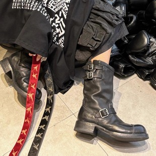 暗黑复古褶皱骑士靴厚底增高机车靴中筒皮靴帅气大头做旧工程师靴