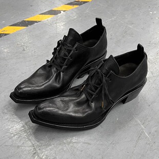 男女褶皱复古做旧巫师鞋粗跟增高翘头小皮鞋手工绑带暗黑真皮单鞋