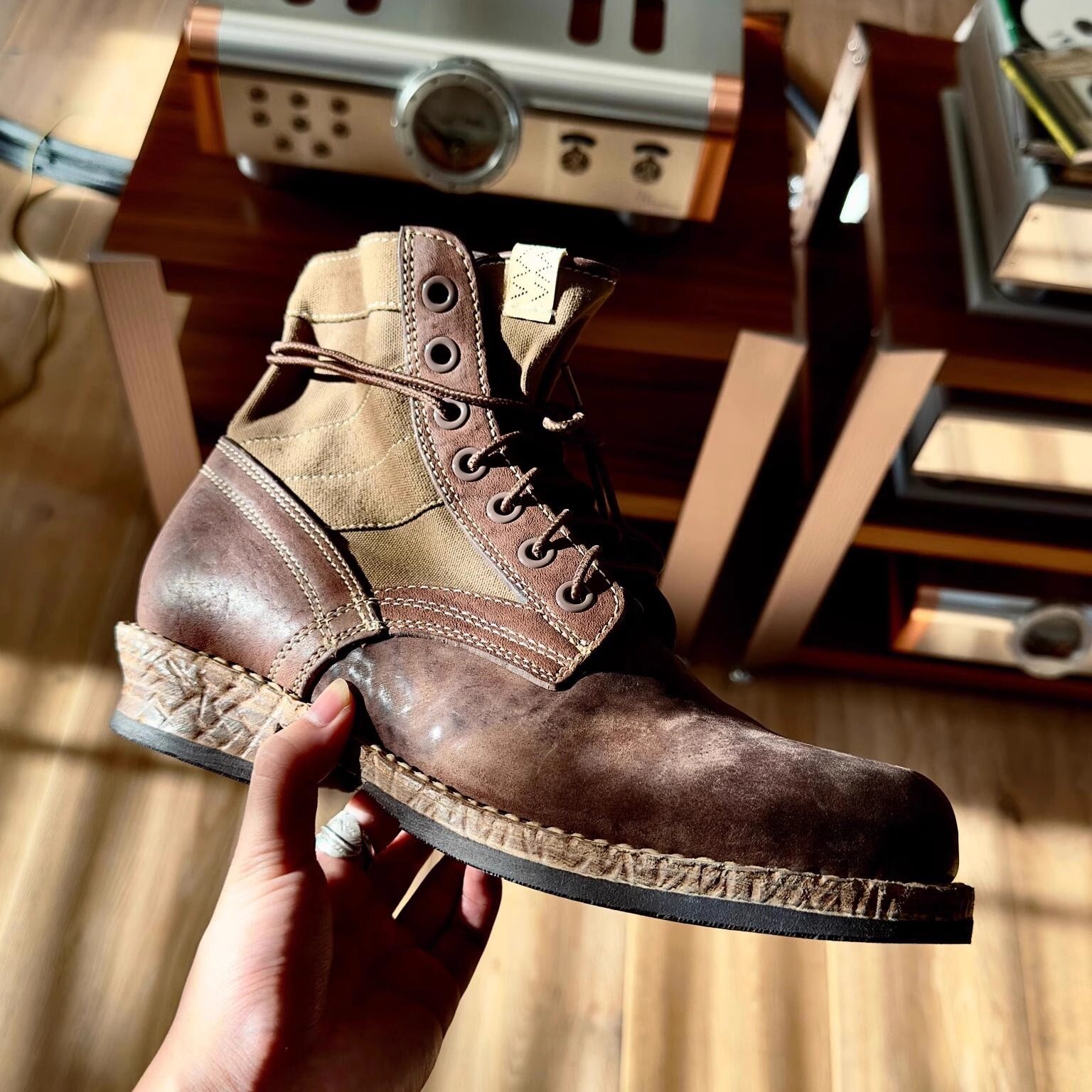 擦色工装骑士靴高帮中古机车靴男