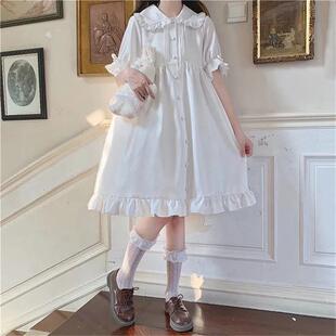 洛丽塔裙子仙女裙夏季日系软妹娃娃领系带泡泡短袖荷叶边连衣裙女