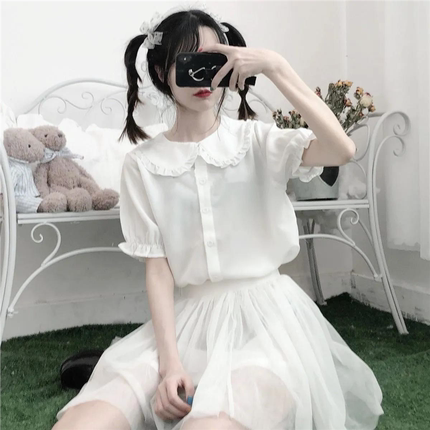 春夏日系软妹木耳边Lolita娃娃领衬衫女学生韩版宽松短袖内搭上衣