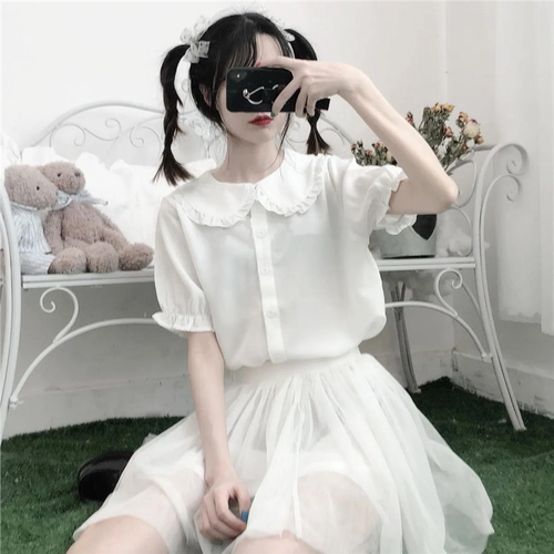 春夏日系软妹木耳边Lolita娃娃领衬衫女学生韩版宽松短袖内搭上衣